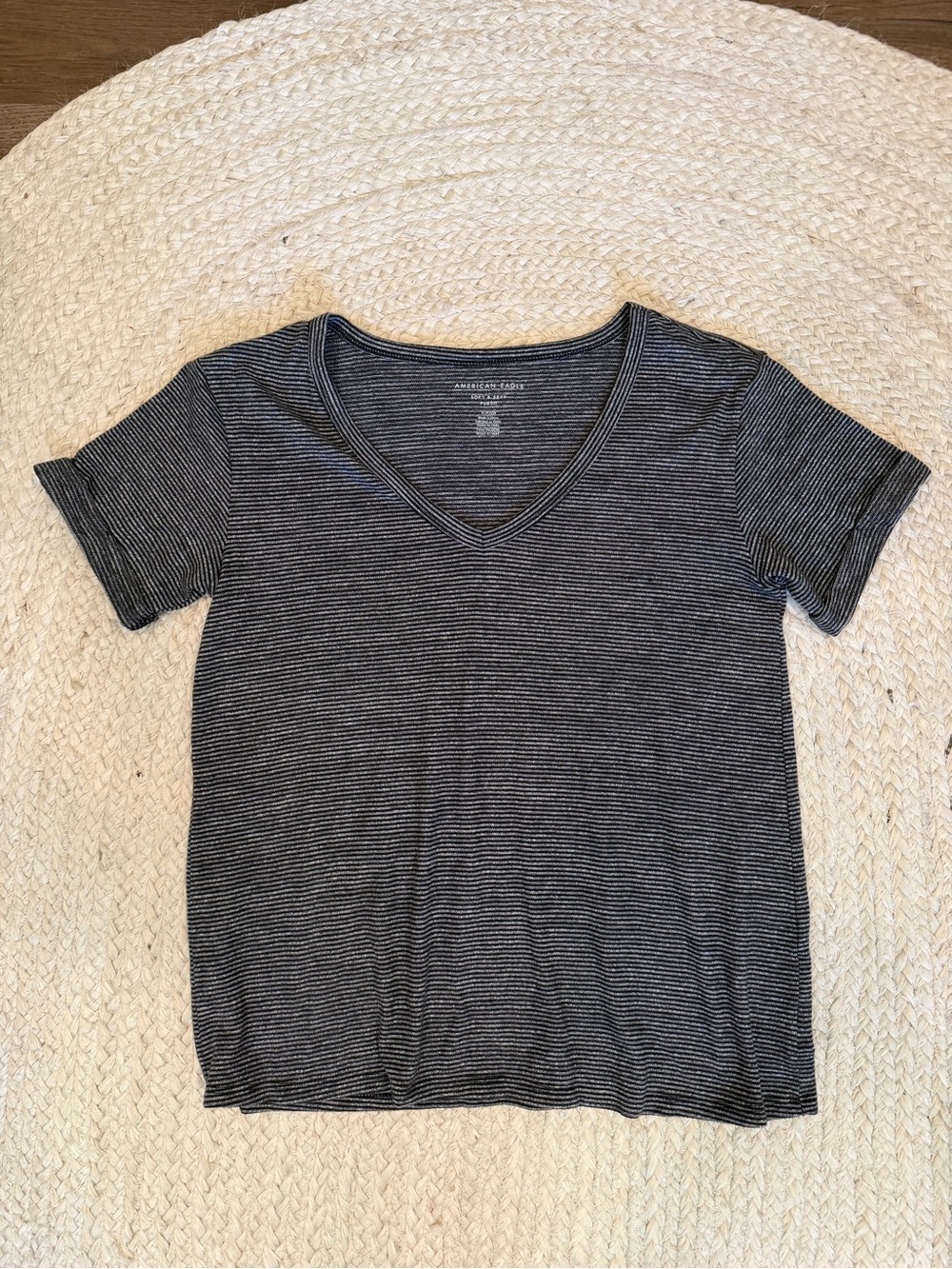 American Eagle Outfitters Black & White Striped V-Neck Tee